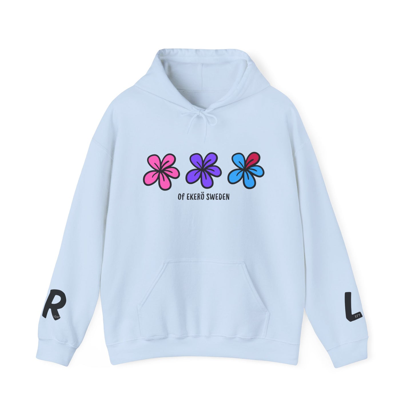 Sporty Unisex hoodie with a floral print on the chest. Humorous print right and left sleeve. Difficult to distinguish between right and left, then this hoodie is for you.