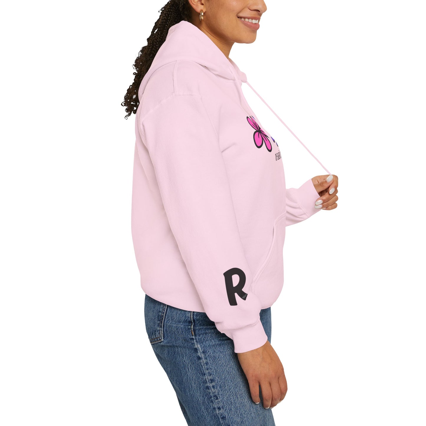 Sporty Unisex hoodie with a floral print on the chest. Humorous print right and left sleeve. Difficult to distinguish between right and left, then this hoodie is for you.